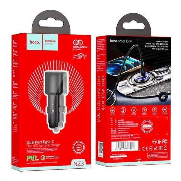 Автомобильное зарядное устройство Hoco NZ3 40W + QC3.0 (быстрая зарядка, 2USB Type-C, в прикуриватель) - Черный 53019810 фото