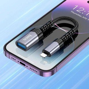 Переходник Hoco UA24 Lightning to USB 2.0 ( на OTG, для планшетов и смартфонов, TPE) - Серый 77279927 фото