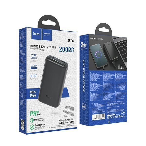 Повербанк Hoco Q1A портативна батарея з Led зарядкою (PD 22.5W, 10000mAh 1USB/1Type-C, 5V, 77Wh 3А, зі швидкою зарядкою) - Чорний 62594919 фото