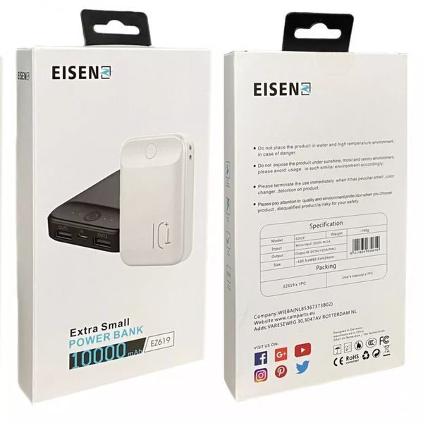 Повербанк EISEN EZ619 портативна батарея (10000 mAh, 2USB + micro USB, 2A, LED індикатор) - Чорний 57190691 фото