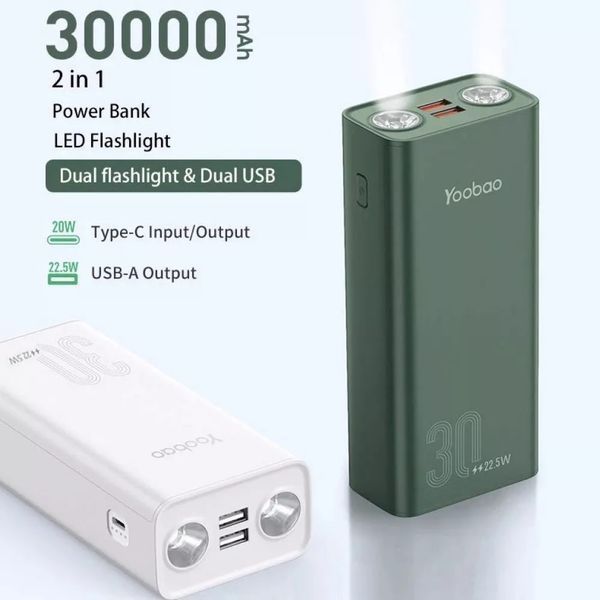 Повербанк Yoobao портативна батарея з ліхтариком (30000mAh, 2USB/1Type-C, PD 20W, швидка зарядка) - Зелений 58525104 фото