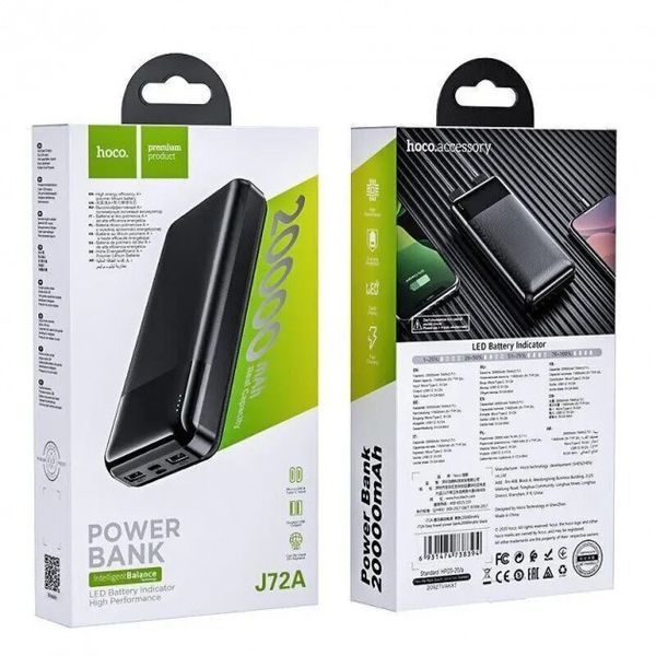 Повербанк Hoco J72A портативна батарея з дисплеєм (20000mAh 2USB/Type-C/MicroUSB, 2A) - Чорний 749187 фото