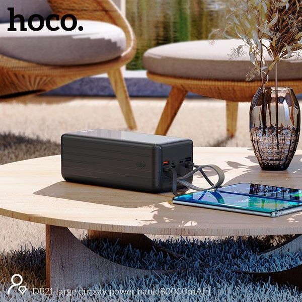 Портативна батарея Hoco DB21 (повербанк, 80000 mAh, 4 USB, Type-C, Lightning, LCD-дисплей, вбудований ліхтарик) - Чорний 115112047 фото