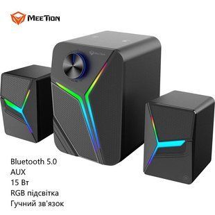 Акустична система Meetion SP2111 (бездротова, провідна, сабвуфер, Bluetooth 5.0, AUX, 15 Вт, RGB підсвітка) - Чорний 103779565 фото