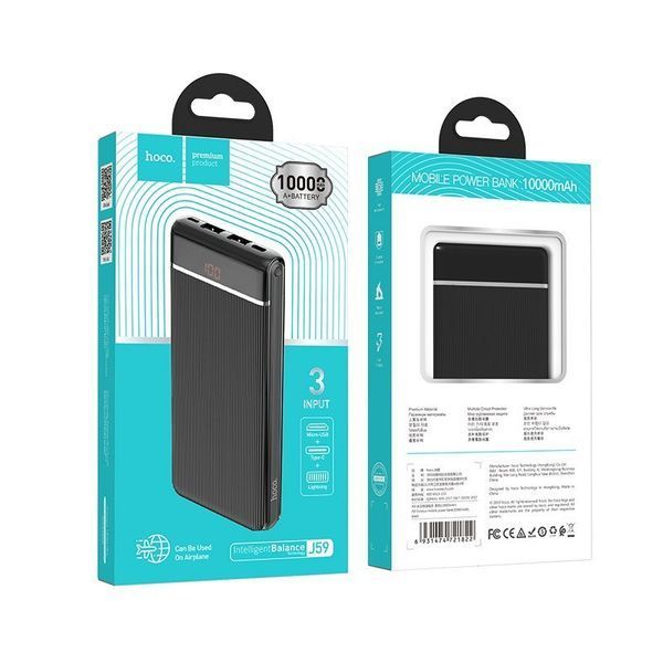 Повербанк Hoco J59 Famous портативна батарея (10000 mAh, 2USB + Type-C + Micro-USB, 2A, LED дисплей) - Чорний 57190368 фото