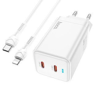 Сетевое Зарядное Устройство Hoco N23 GAN + кабель Type-C на Lightning (USB, 2xType-C, PD45W, быстрая зарядка, 3A, EU, с быстрой зарядкой) - Белый 64477329 фото