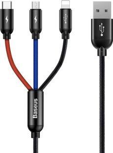 Універсальний кабель 3в1 Baseus Three Primary Colors Lightning + TypeC + MicroUSB (1.2 метри, тканинна обплетення, 3.5А) - Чорний 59631608 фото